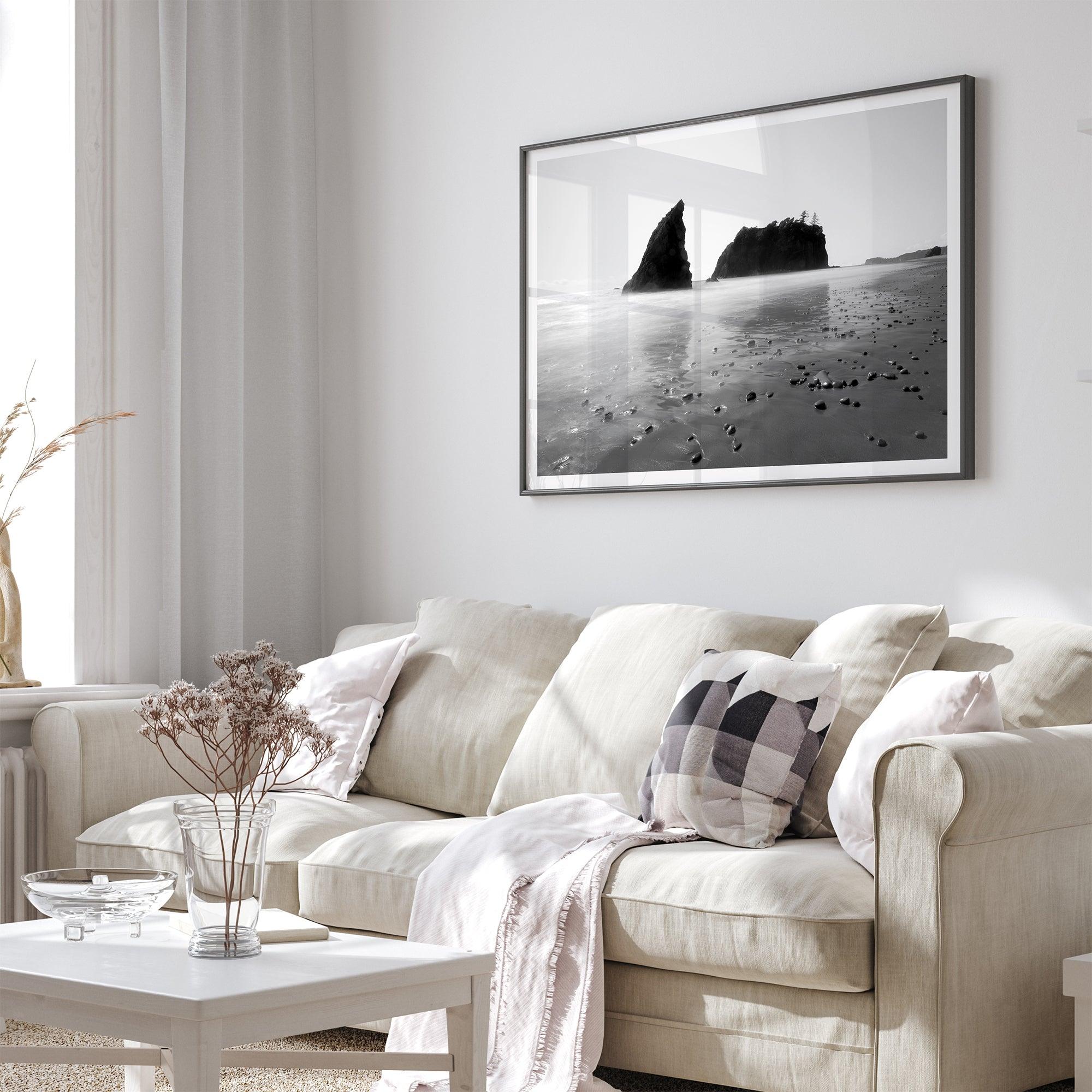 Black and white Washington beach wall art featuring Ruby Beach with misty waves and sea stacks.