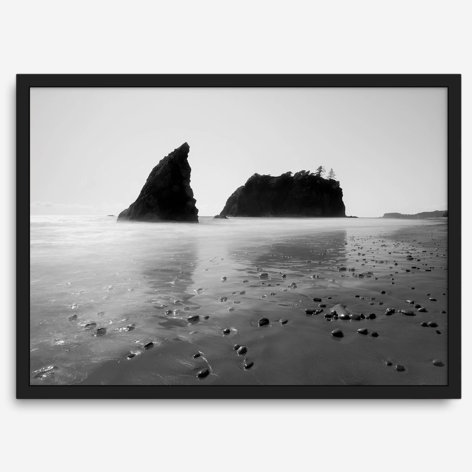 Black and white Washington beach wall art featuring Ruby Beach with misty waves and sea stacks.