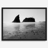 Black and white Washington beach wall art featuring Ruby Beach with misty waves and sea stacks.