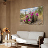 Vivid Arizona desert canvas print featuring flowering cactus and tall saguaros