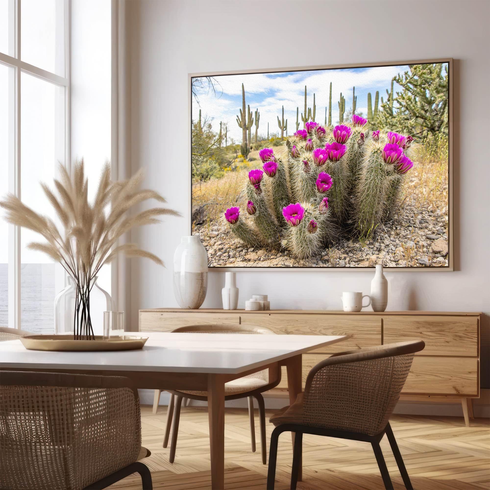 Vivid Arizona desert canvas print featuring flowering cactus and tall saguaros