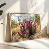 Vivid Arizona desert canvas print featuring flowering cactus and tall saguaros