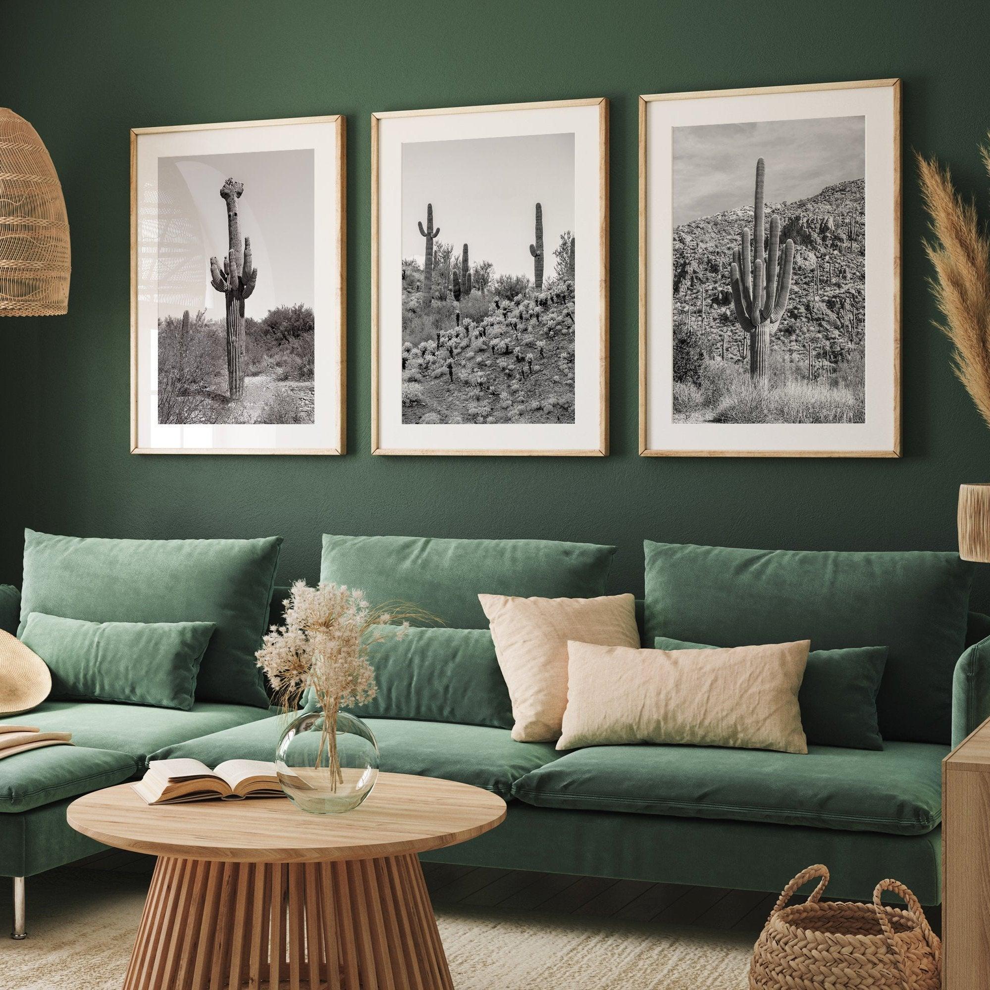 Black and white set of 3 prints featuring Saguaro National Park cacti: a figure-like cactus, one on a cactus-covered hill, and another with a branching top.