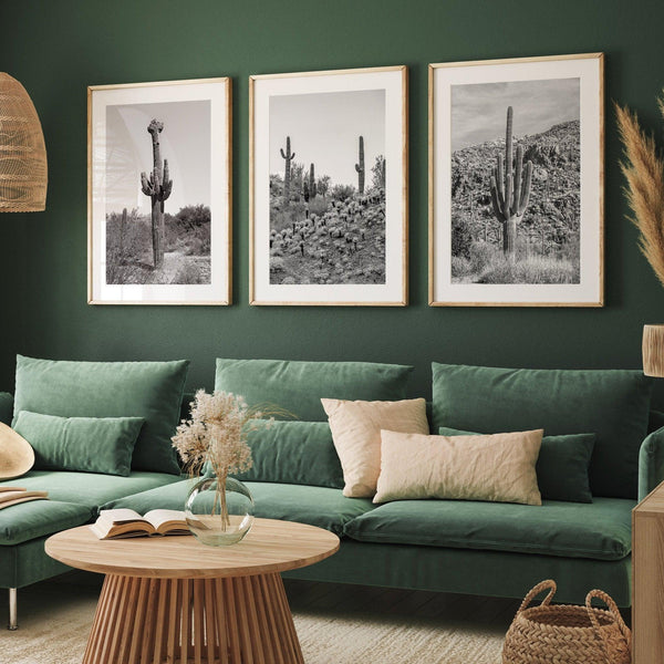 Black and white set of 3 prints featuring Saguaro National Park cacti: a figure-like cactus, one on a cactus-covered hill, and another with a branching top.