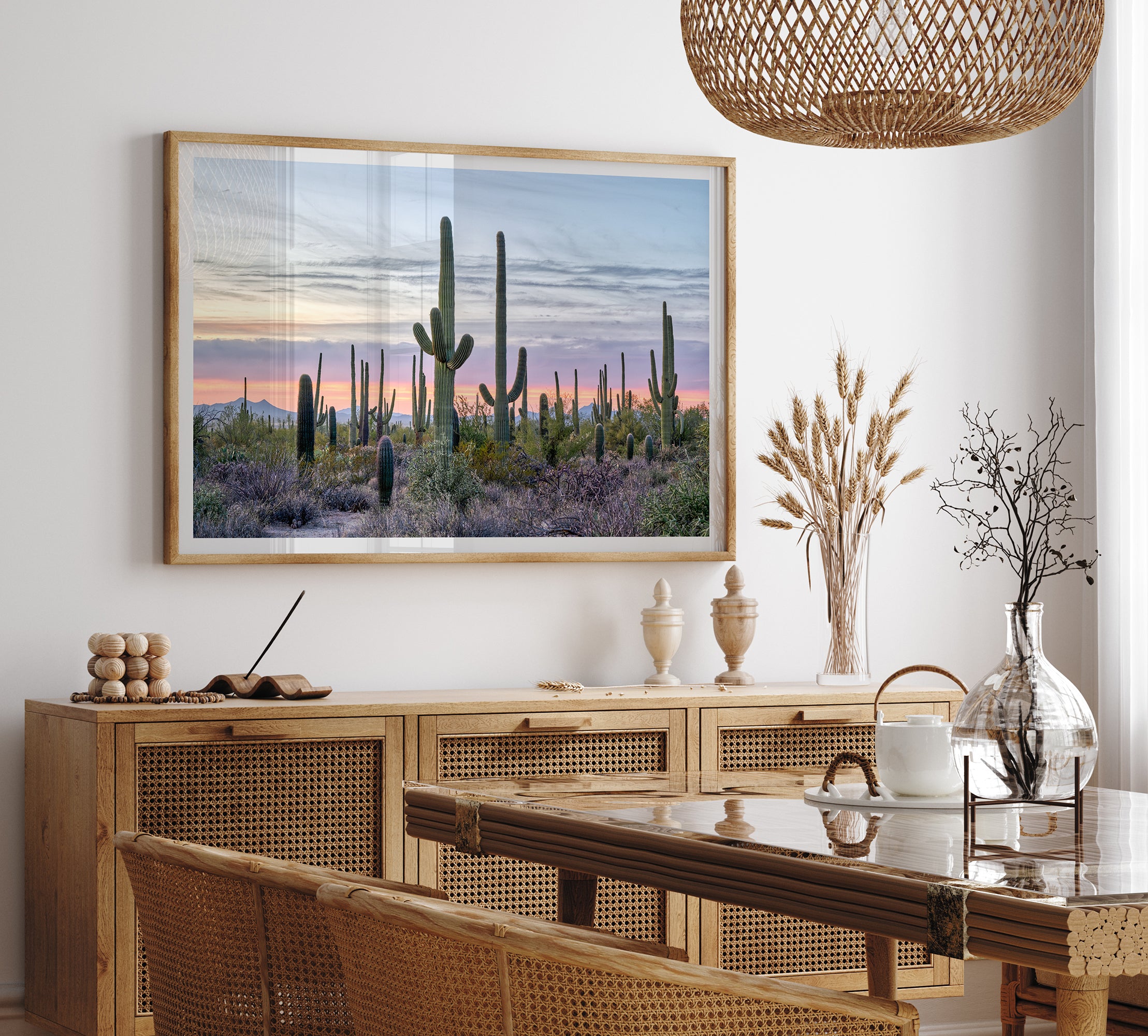 Cactus art print of saguaro cacti at sunset with pastel sky over desert landscape.