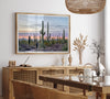 Cactus art print of saguaro cacti at sunset with pastel sky over desert landscape.