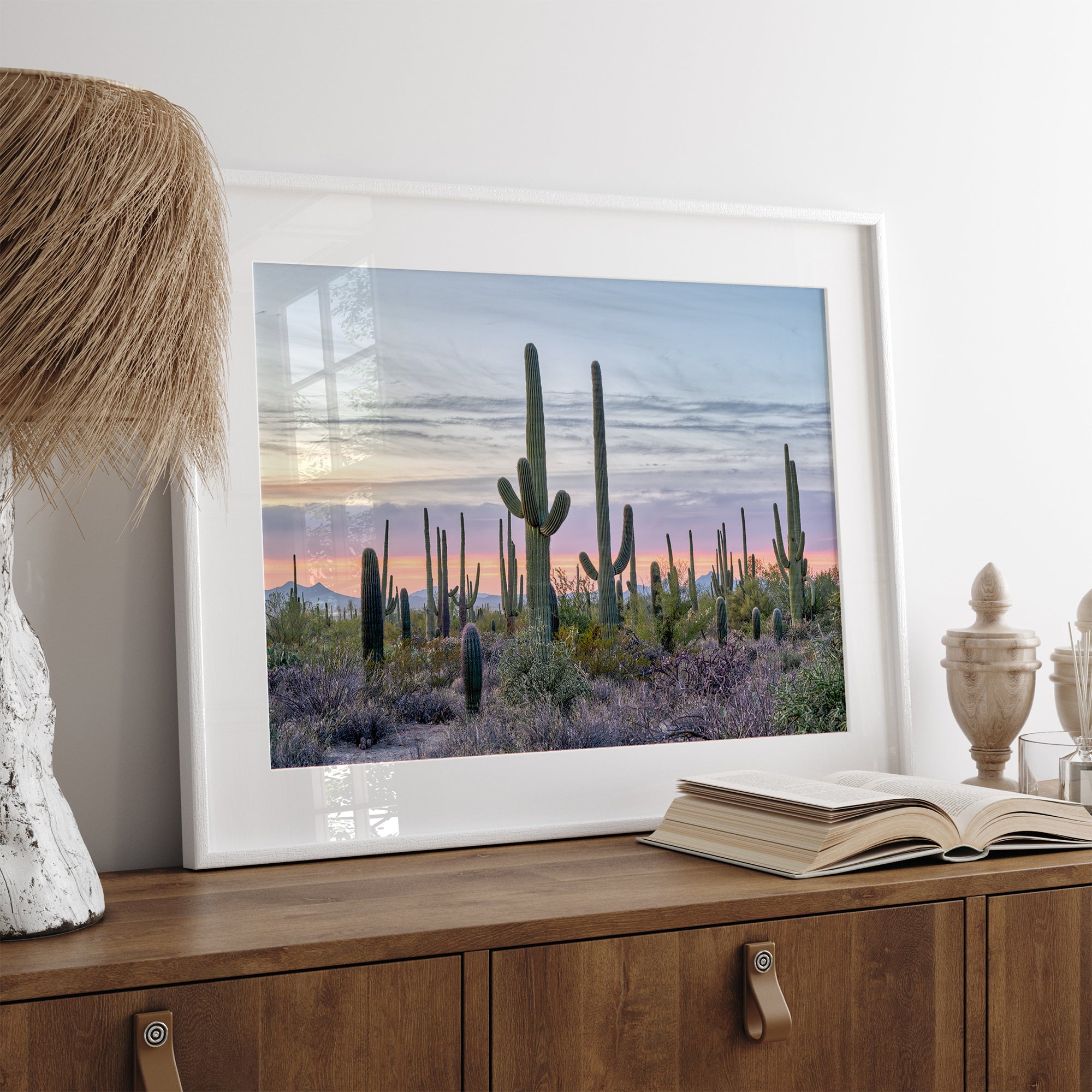 Cactus art print of saguaro cacti at sunset with pastel sky over desert landscape.