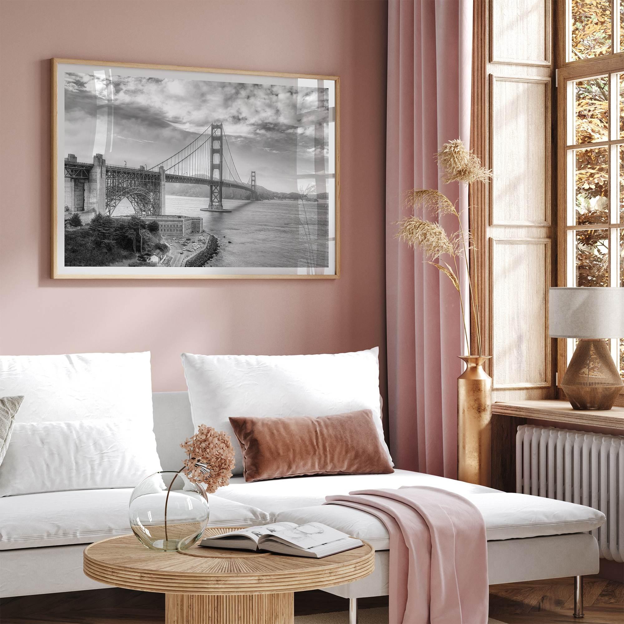 Golden Gate Bridge Wall Art in black-and-white HDR photography with dramatic clouds and water reflections.