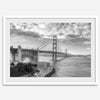 Golden Gate Bridge Wall Art in black-and-white HDR photography with dramatic clouds and water reflections.