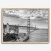 Golden Gate Bridge Wall Art in black-and-white HDR photography with dramatic clouds and water reflections.
