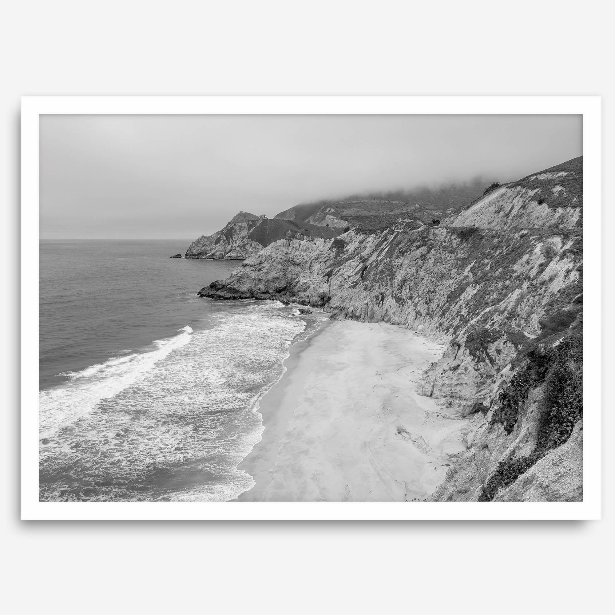 Black and white photo of Gray Whale Cove on the California Pacific Coast – fine art coastal landscape print