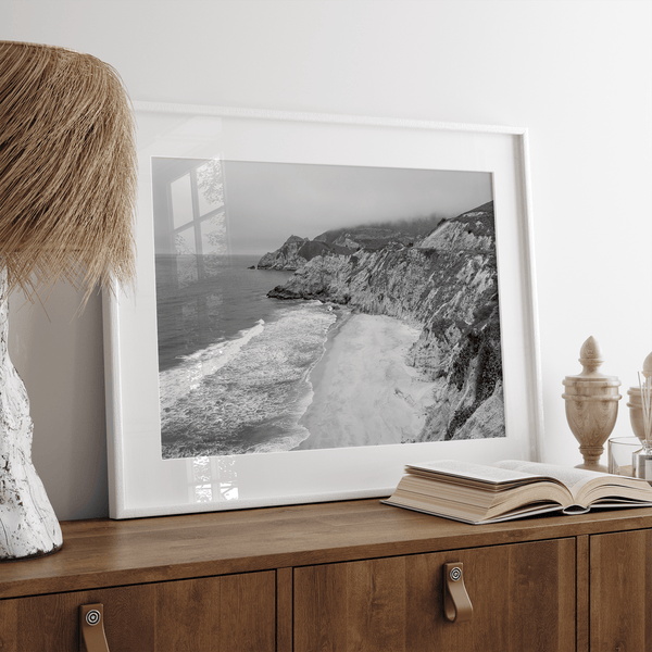 Black and white photo of Gray Whale Cove on the California Pacific Coast – fine art coastal landscape print