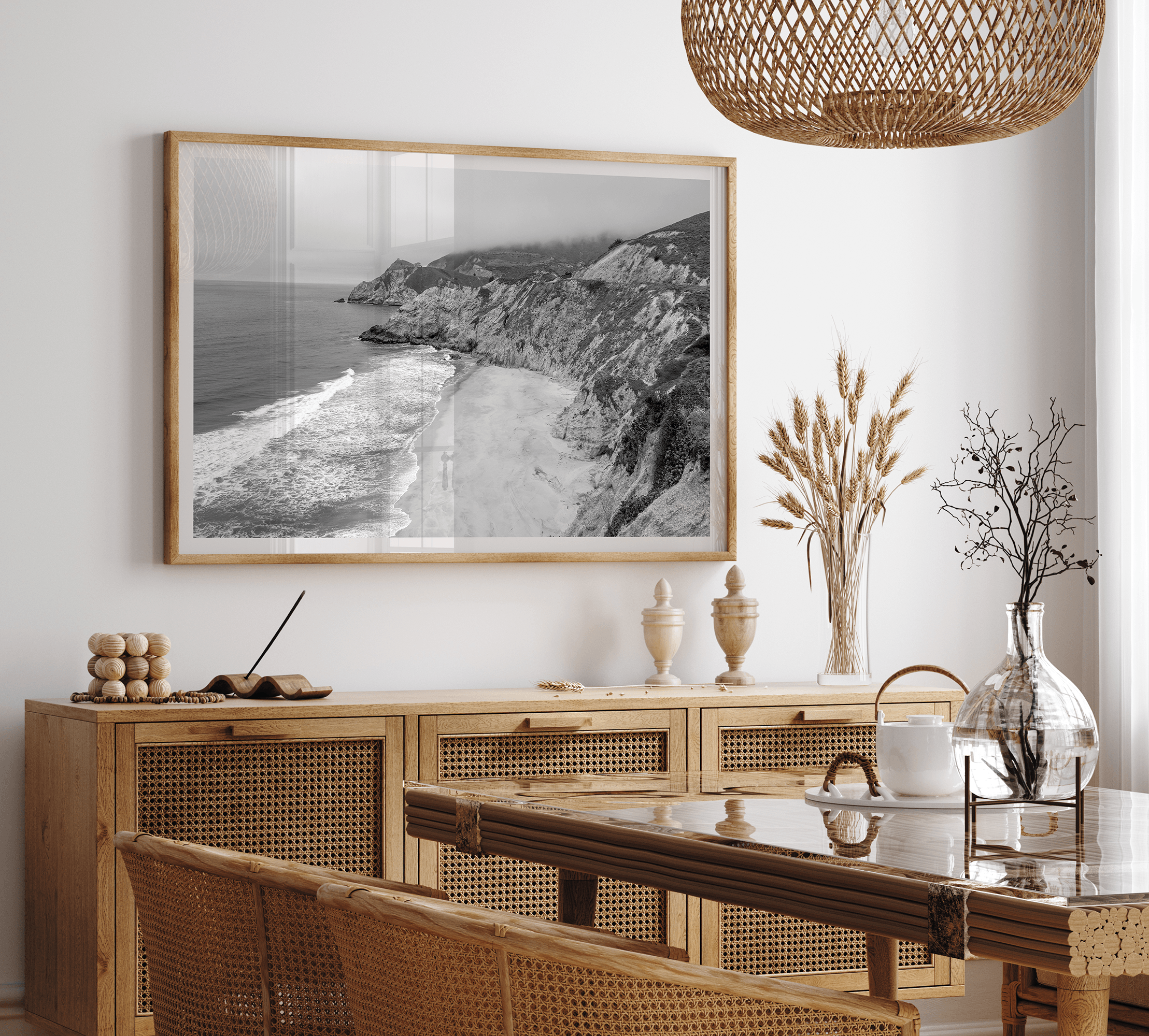 Black and white photo of Gray Whale Cove on the California Pacific Coast – fine art coastal landscape print