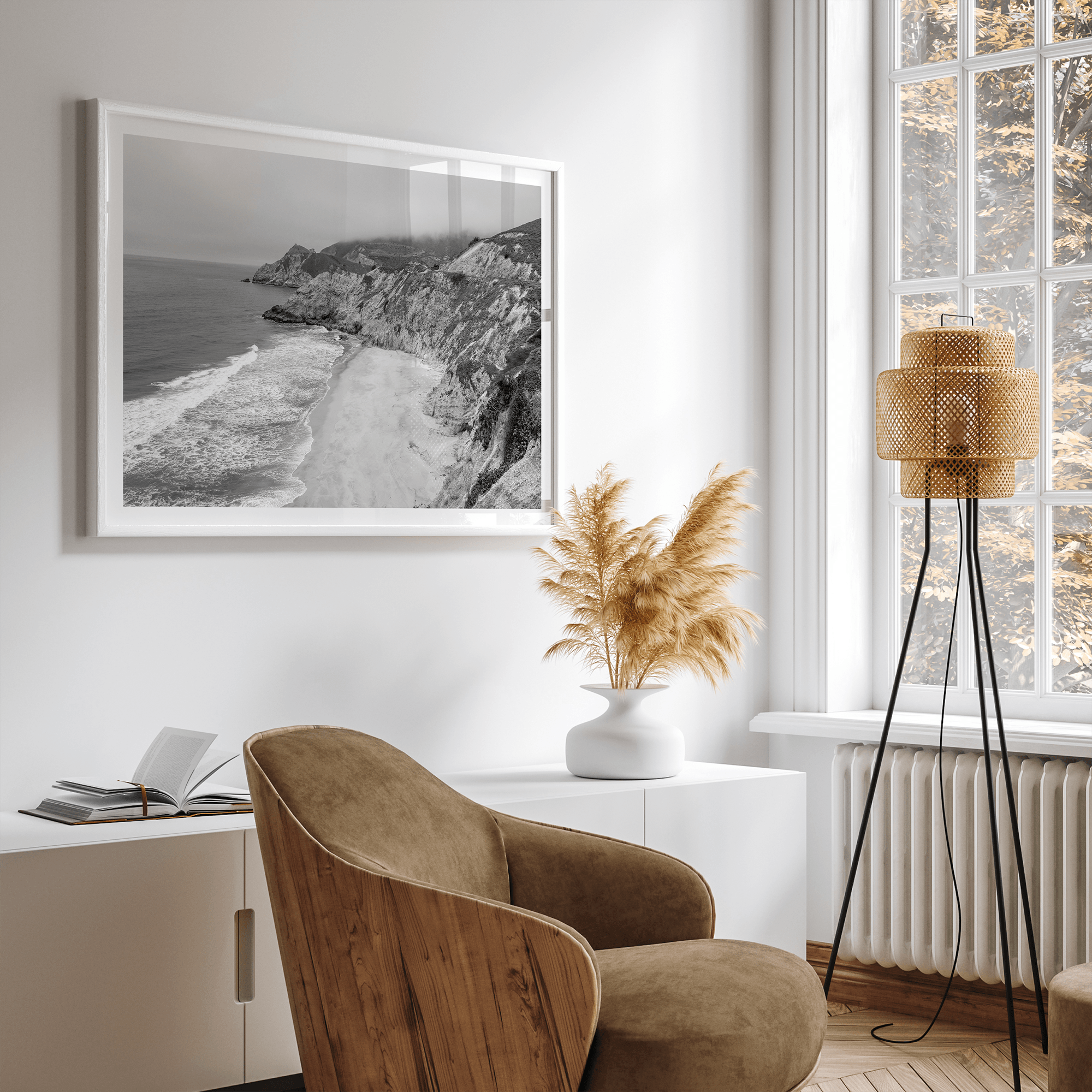 Black and white photo of Gray Whale Cove on the California Pacific Coast – fine art coastal landscape print