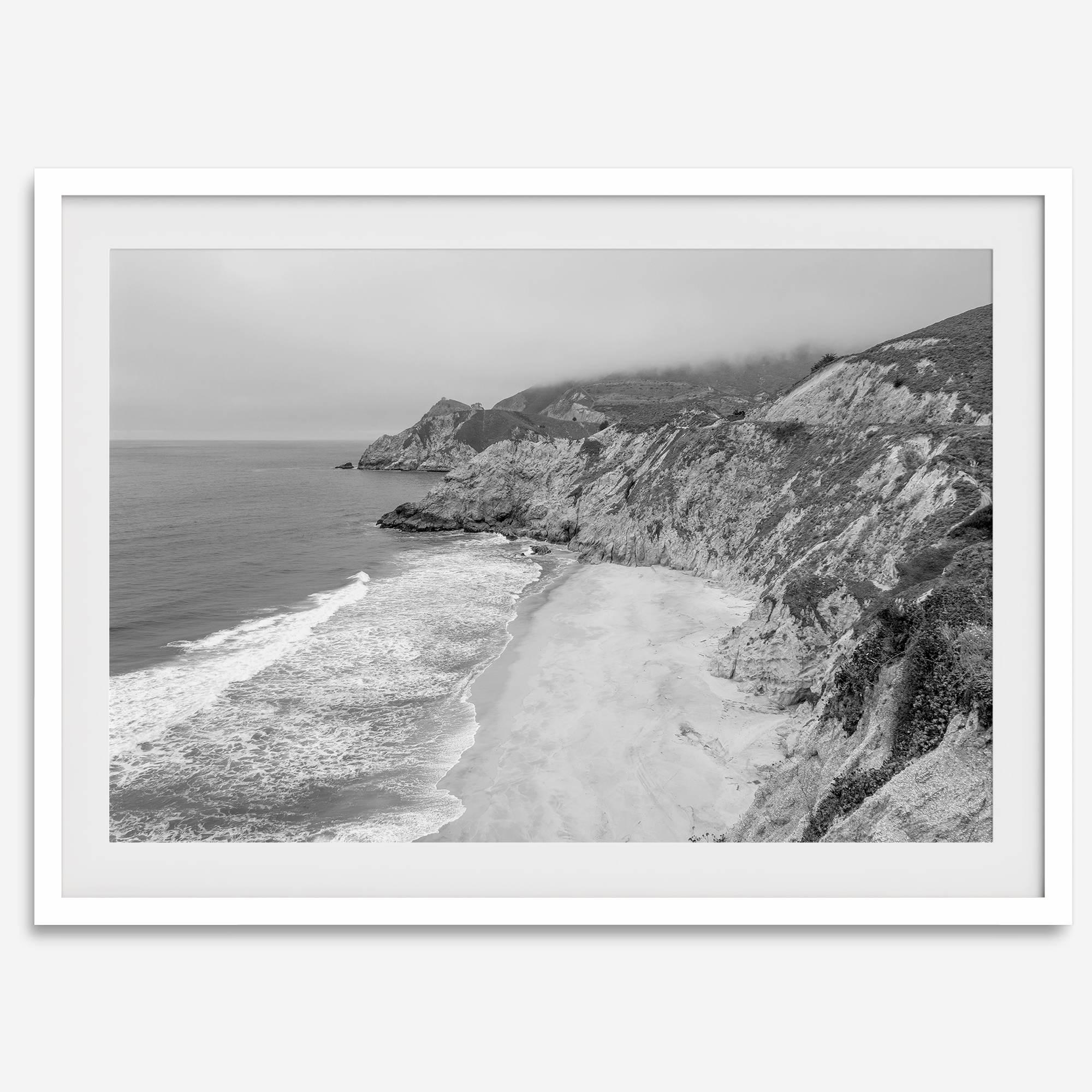 Black and white photo of Gray Whale Cove on the California Pacific Coast – fine art coastal landscape print