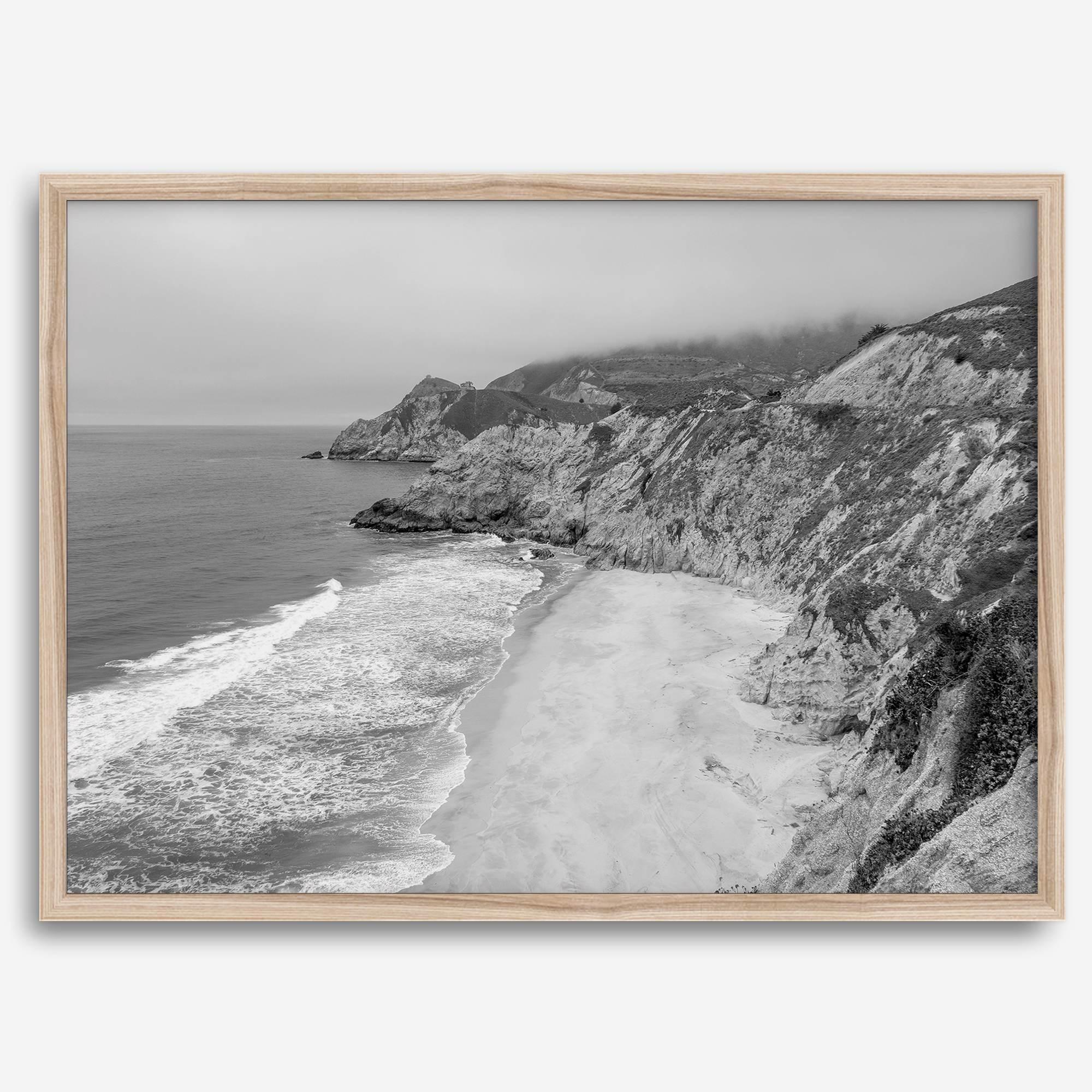 Black and white photo of Gray Whale Cove on the California Pacific Coast – fine art coastal landscape print