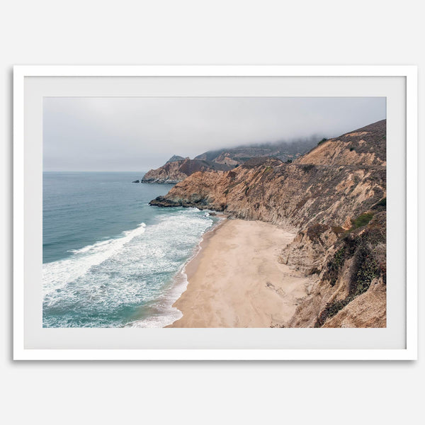 California beach wall art featuring Gray Whale Cove Beach with sandy shores, rugged cliffs, and misty Pacific Ocean waves.