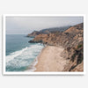 California beach wall art featuring Gray Whale Cove Beach with sandy shores, rugged cliffs, and misty Pacific Ocean waves.
