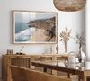 California beach wall art featuring Gray Whale Cove Beach with sandy shores, rugged cliffs, and misty Pacific Ocean waves.