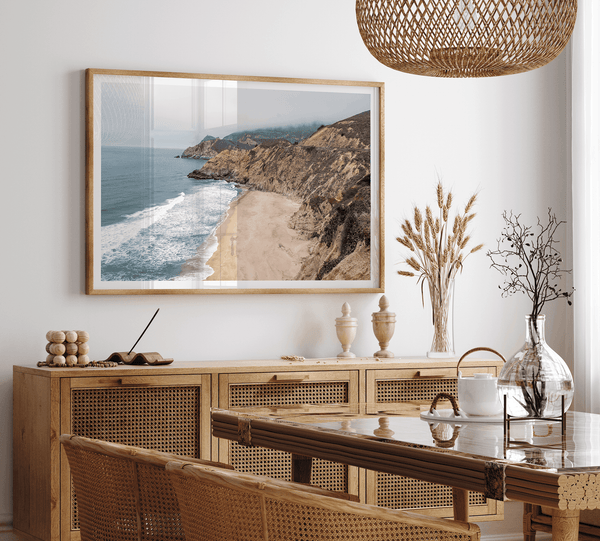 California beach wall art featuring Gray Whale Cove Beach with sandy shores, rugged cliffs, and misty Pacific Ocean waves.