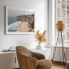 California beach wall art featuring Gray Whale Cove Beach with sandy shores, rugged cliffs, and misty Pacific Ocean waves.