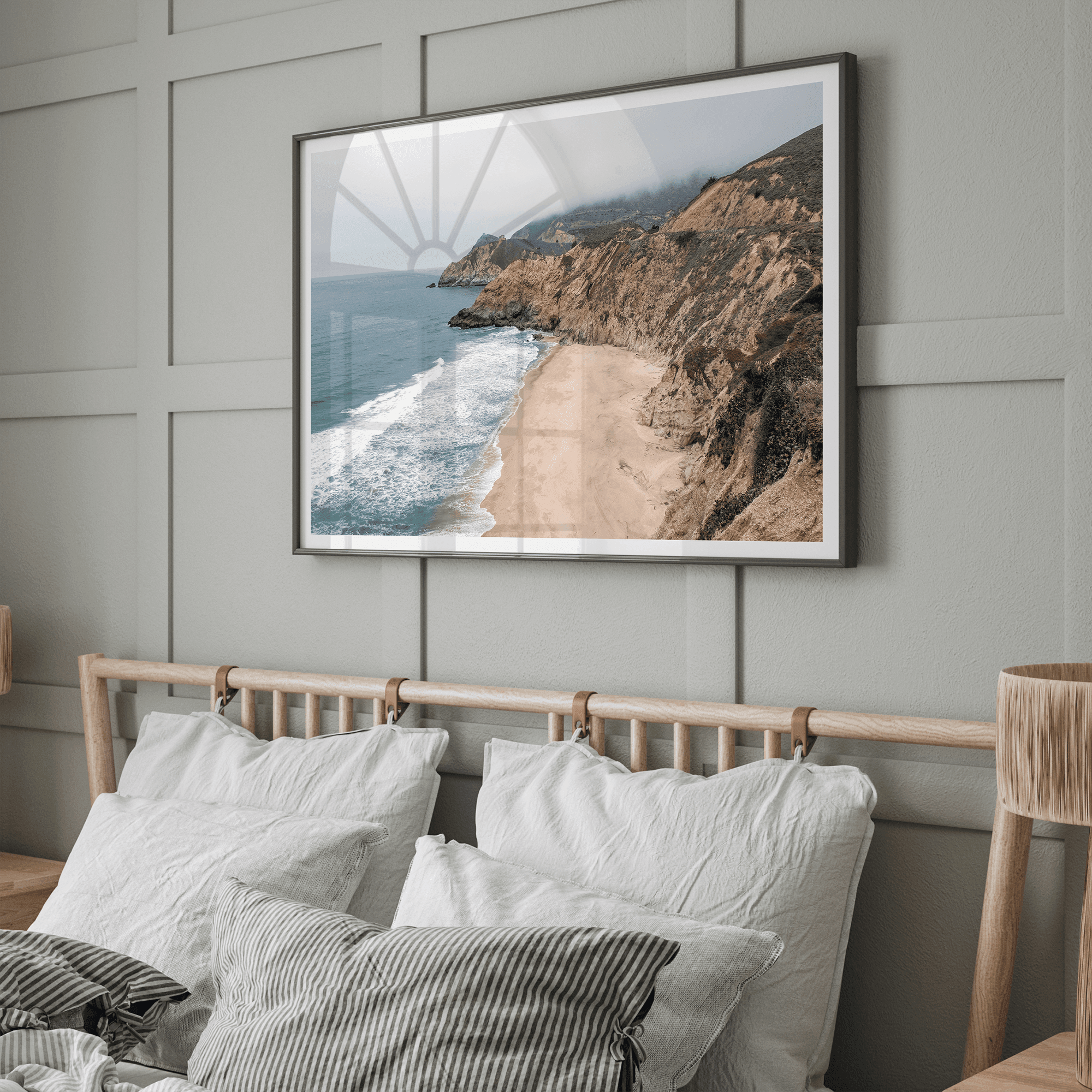 California beach wall art featuring Gray Whale Cove Beach with sandy shores, rugged cliffs, and misty Pacific Ocean waves.