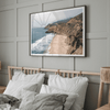 California beach wall art featuring Gray Whale Cove Beach with sandy shores, rugged cliffs, and misty Pacific Ocean waves.