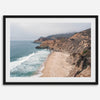 California beach wall art featuring Gray Whale Cove Beach with sandy shores, rugged cliffs, and misty Pacific Ocean waves.