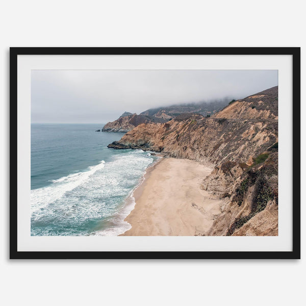 California beach wall art featuring Gray Whale Cove Beach with sandy shores, rugged cliffs, and misty Pacific Ocean waves.