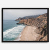 California beach wall art featuring Gray Whale Cove Beach with sandy shores, rugged cliffs, and misty Pacific Ocean waves.