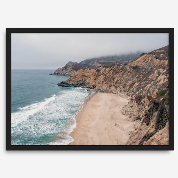 California beach wall art featuring Gray Whale Cove Beach with sandy shores, rugged cliffs, and misty Pacific Ocean waves.