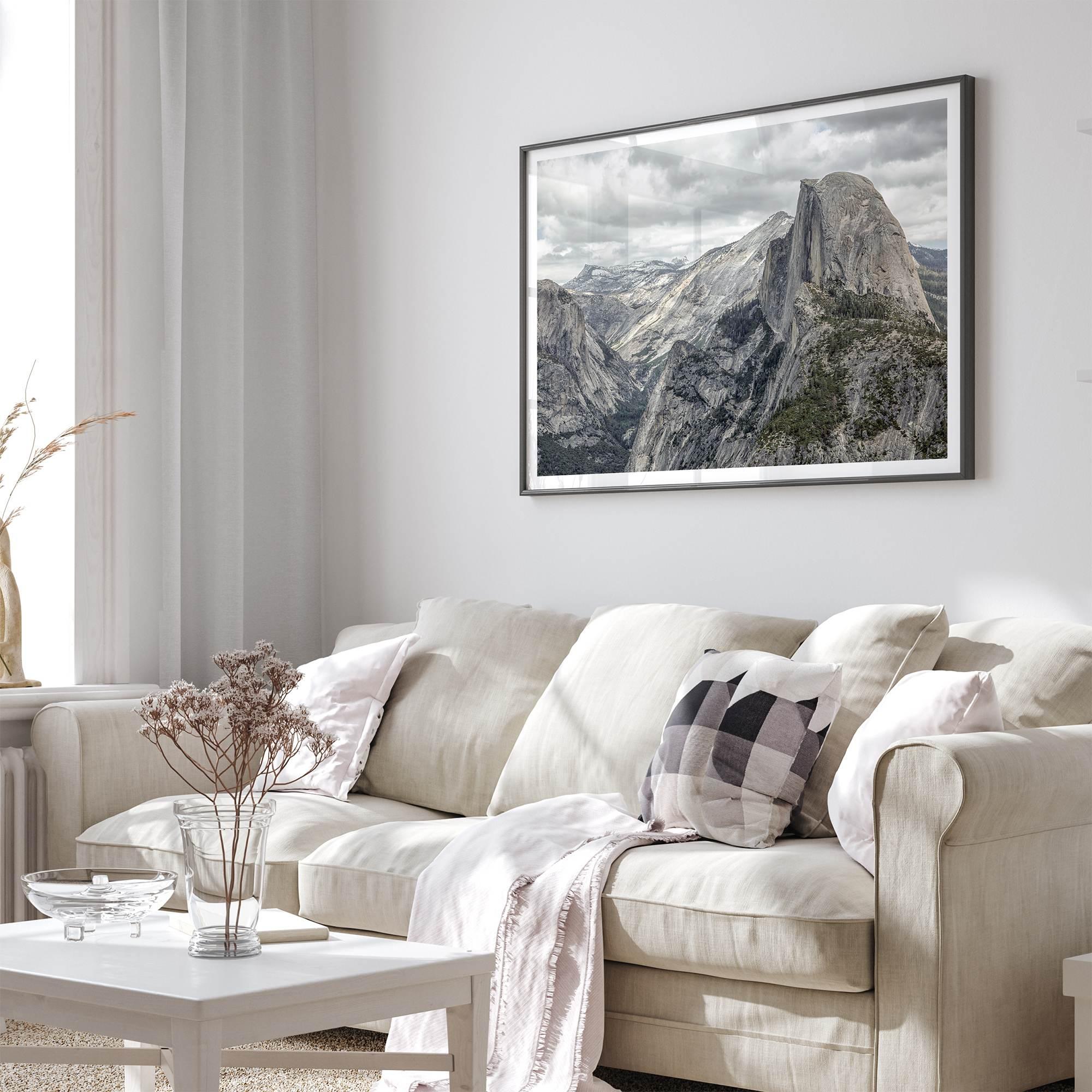 A fine art framed or unframed print showcasing the stunning half-dome mountain in Yosemite national park. The picture was shot an edited as an HDR photograph adding more depth to this beautiful mountain wall art.