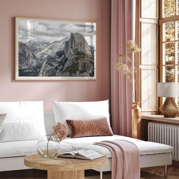 A fine art framed or unframed print showcasing the stunning half-dome mountain in Yosemite national park. The picture was shot an edited as an HDR photograph adding more depth to this beautiful mountain wall art.