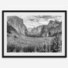 A breathtaking fine art black and white print of Yosemite valley during spring when the waterfalls are in full power.