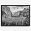 A breathtaking fine art black and white print of Yosemite valley during spring when the waterfalls are in full power.
