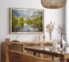A stunning framed large Yosemite National Park print that shows the breathtaking valley at sunset with its mountains, rivers, forests, and waterfalls. A truly mesmerizing landscape that is as perfect as your wall decor as it is a special gift.