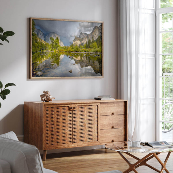 A stunning framed large Yosemite National Park print that shows the breathtaking valley at sunset with its mountains, rivers, forests, and waterfalls. A truly mesmerizing landscape that is as perfect as your wall decor as it is a special gift.