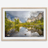 A stunning framed large Yosemite National Park print that shows the breathtaking valley at sunset with its mountains, rivers, forests, and waterfalls. A truly mesmerizing landscape that is as perfect as your wall decor as it is a special gift.