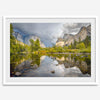 A stunning framed large Yosemite National Park print that shows the breathtaking valley at sunset with its mountains, rivers, forests, and waterfalls. A truly mesmerizing landscape that is as perfect as your wall decor as it is a special gift.