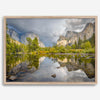 A stunning framed large Yosemite National Park print that shows the breathtaking valley at sunset with its mountains, rivers, forests, and waterfalls. A truly mesmerizing landscape that is as perfect as your wall decor as it is a special gift.