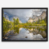 A stunning framed large Yosemite National Park print that shows the breathtaking valley at sunset with its mountains, rivers, forests, and waterfalls. A truly mesmerizing landscape that is as perfect as your wall decor as it is a special gift.