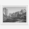 A fine art Yosemite Print featuring Yosemite Valley covered in snow in winter and a beautiful fog lays in the valley forest. This black and white mountain wall art is perfect for nature and fine art lovers.