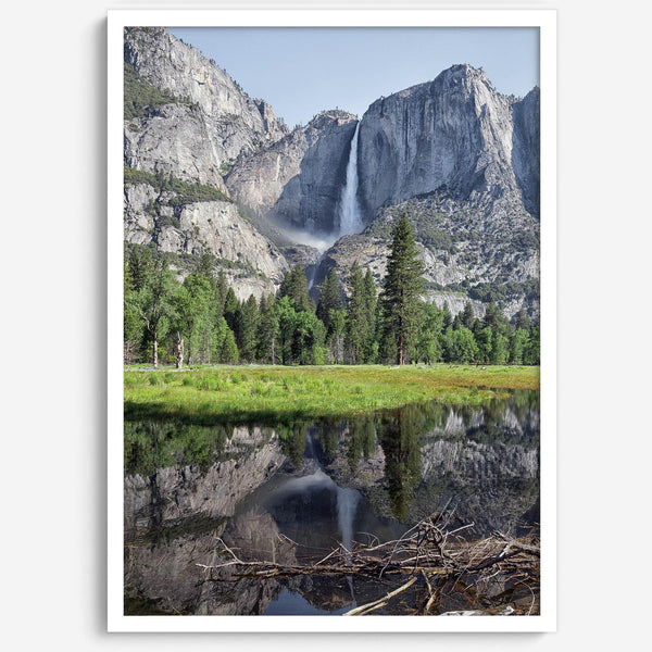 A stunning fine art print of Yosemite Falls with a reflection from Cook Meadows in Yosemite National Park.