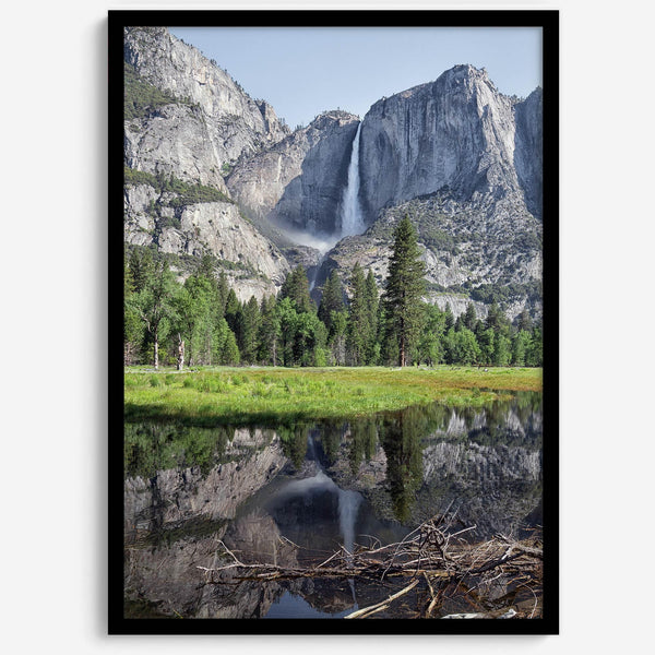A stunning fine art print of Yosemite Falls with a reflection from Cook Meadows in Yosemite National Park.