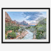 A framed fine art landscape photography print of Zion National Park showing a beautiful river, trees, and desert landscape with the backdrop of Zion mountain range. This Utah wall art is perfect for nature photography and desert art enthusiasts.