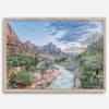 A framed fine art landscape photography print of Zion National Park showing a beautiful river, trees, and desert landscape with the backdrop of Zion mountain range. This Utah wall art is perfect for nature photography and desert art enthusiasts.