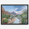 A framed fine art landscape photography print of Zion National Park showing a beautiful river, trees, and desert landscape with the backdrop of Zion mountain range. This Utah wall art is perfect for nature photography and desert art enthusiasts.