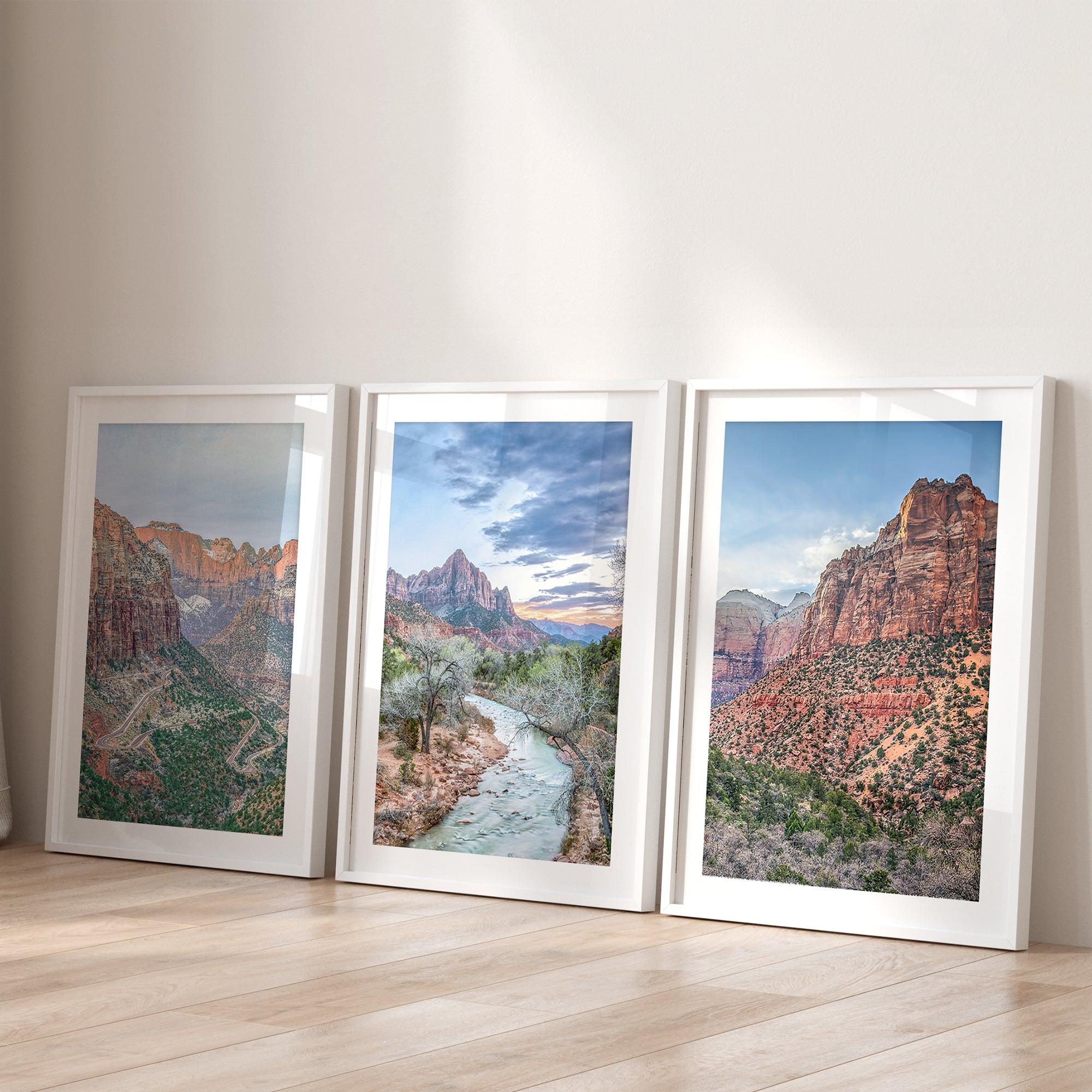 Zion wall art set featuring black and white photography of Zion National Park’s cliffs and Virgin River