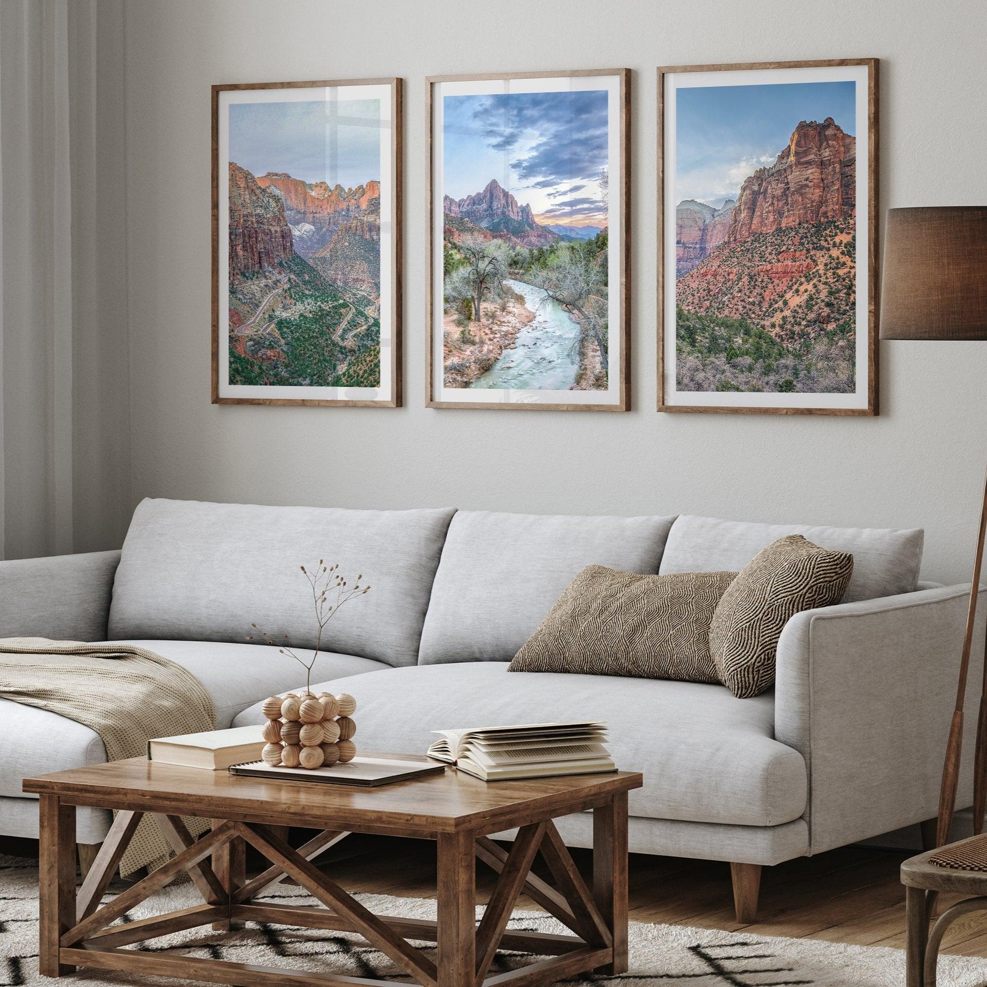 Zion wall art set featuring black and white photography of Zion National Park’s cliffs and Virgin River