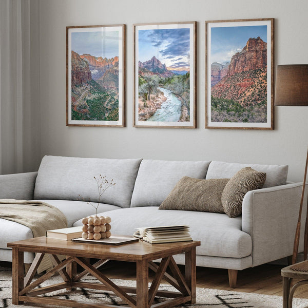 Zion wall art set featuring black and white photography of Zion National Park’s cliffs and Virgin River